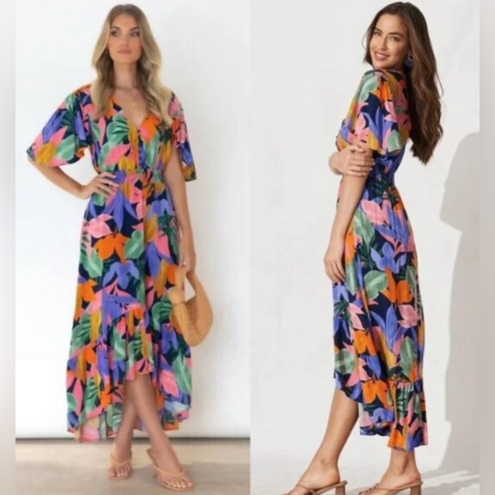 ABEL THE LABEL Womens Large Leonard Hi-Lo Ruffle Tropical Floral Maxi Wrap Dress